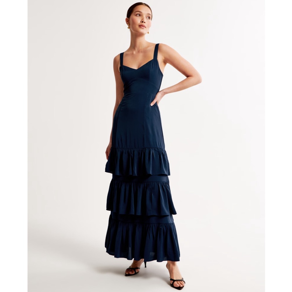 Abercrombie & Fitch XS Petite Navy Blue Ruffle Tiered Maxi Dress - Picture 5 of 6